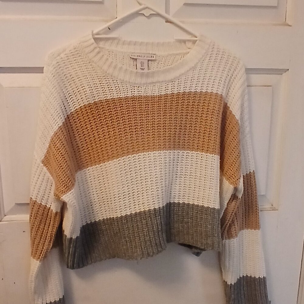 Cropped sweater, tan, cream, and grey striped, loose knit